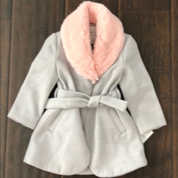 Janie and Jack Faux Fur Trim Belted Coat Gray Pink - Picture 11 of 11